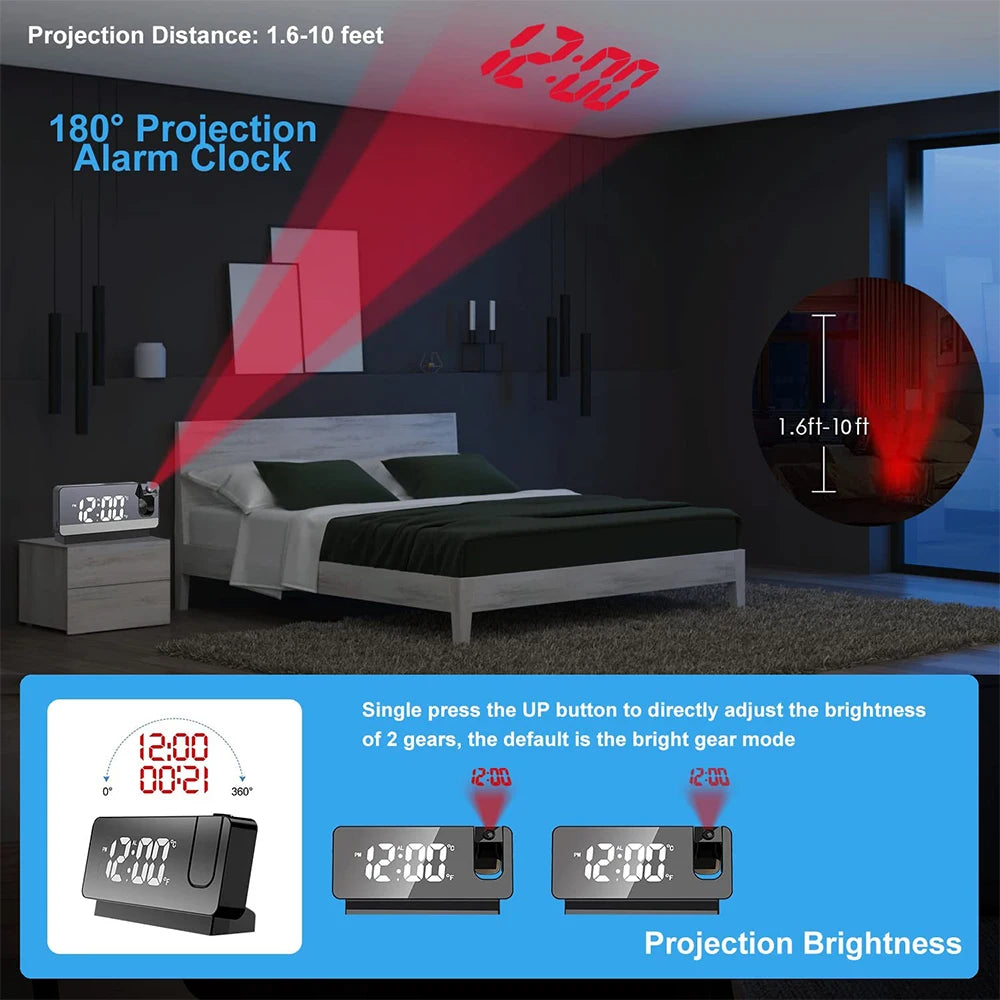 180° Rotation LED Digital Projection Alarm Clock